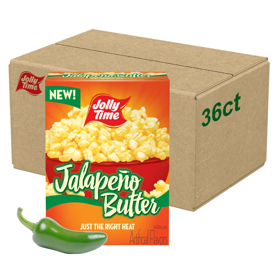 Jolly Time Jalapeno Butter popcorn bag front showcases bold flavor