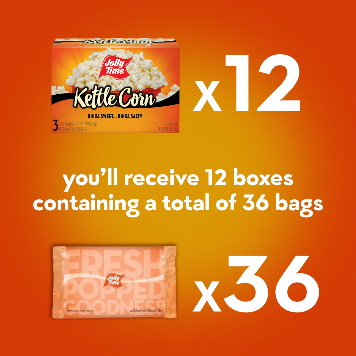 Carton with three bags of Jolly Time kettle corn
