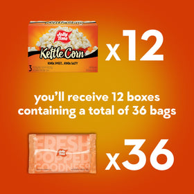 Carton with three bags of Jolly Time kettle corn