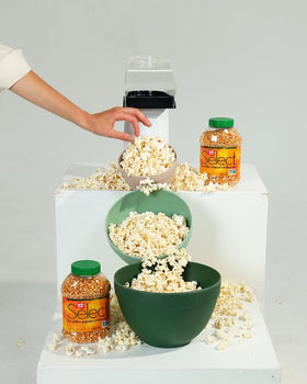 Jolly Time popcorn ready in bowl, a light, satisfying snack