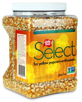 Jolly Time popcorn kernels 60oz jar front, ready for family movie night