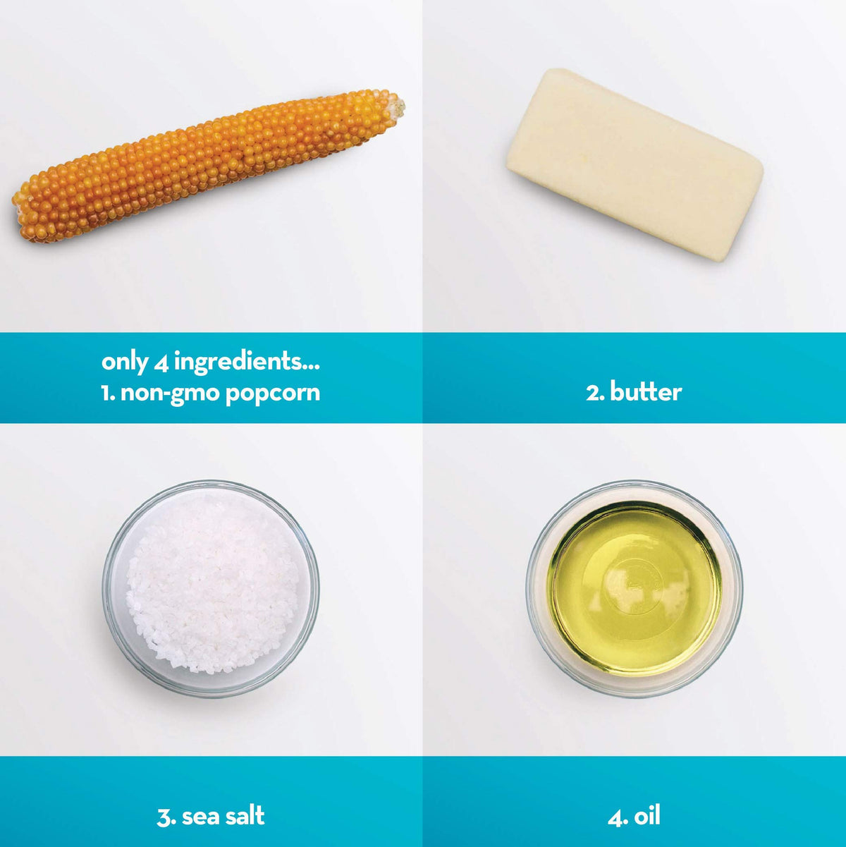 Close-up of non-GMO kernels, palm oil, butter, and sea salt