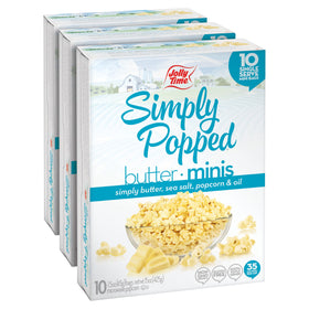 Jolly Time Simply Popped Butter Minis box on kitchen counter for quick snacking