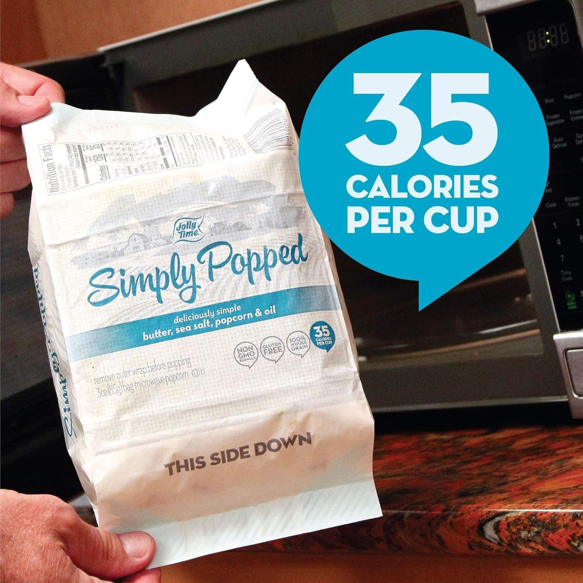 Jolly Time Simply Popped four-simple-ingredient label highlights clean ingredients