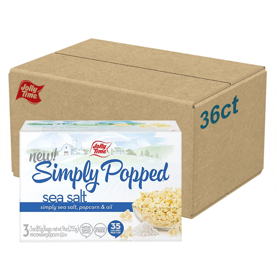 Jolly Time Simply Popped sea salt 3oz bag ready for quick, dairy-free snacking.