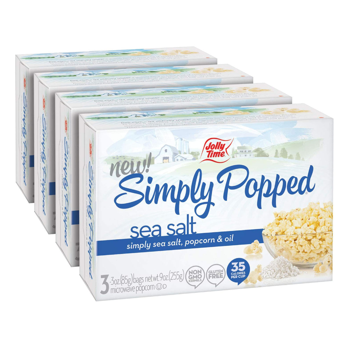 Jolly Time Simply Popped Sea Salt popcorn box front showing simple ingredients and brand heritage.