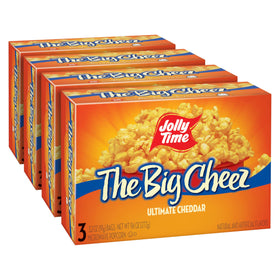Jolly Time The Big Cheez box front shows a four-box carton for family movie night.