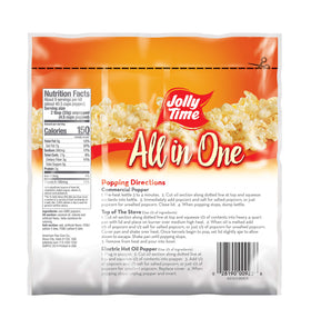 JOLLY TIME All in One compartments highlight kernels, oil, and salt for consistent results.