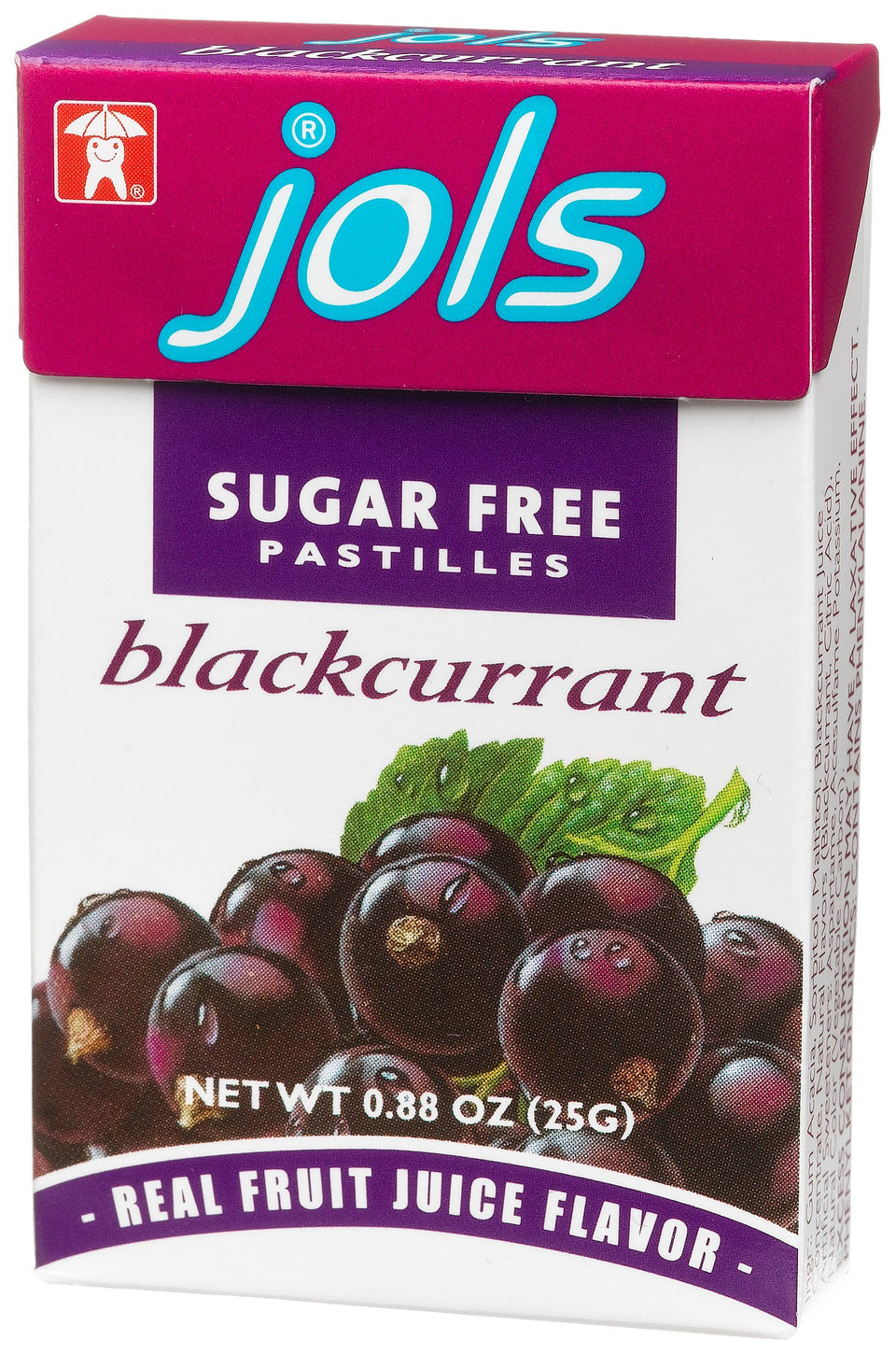 Jols black currant pastilles box offers a sugar-free, fruity treat on the go.