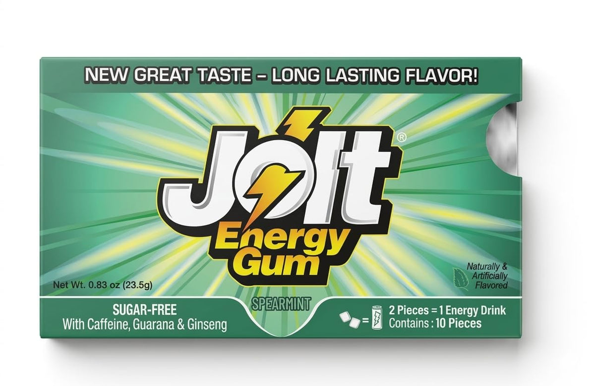 Jolt Energy Gum Spearmint box back, sugar-free formula with guarana and ginseng
