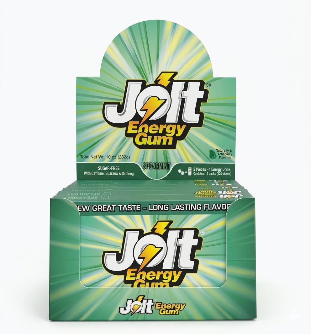 Jolt Energy Gum Spearmint box front, ready for a quick energy lift and minty freshness