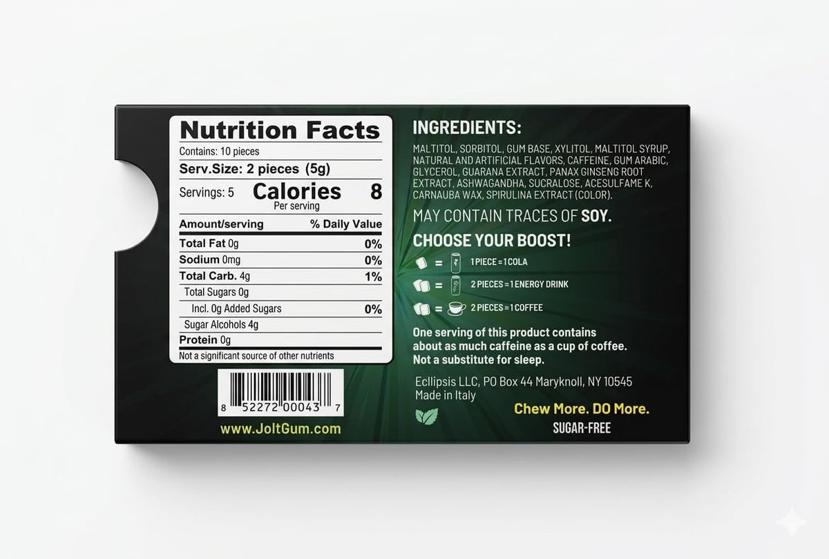 Jolt Energy Gum Spearmint closeup of gum pieces, vibrant flavor and caffeine blend