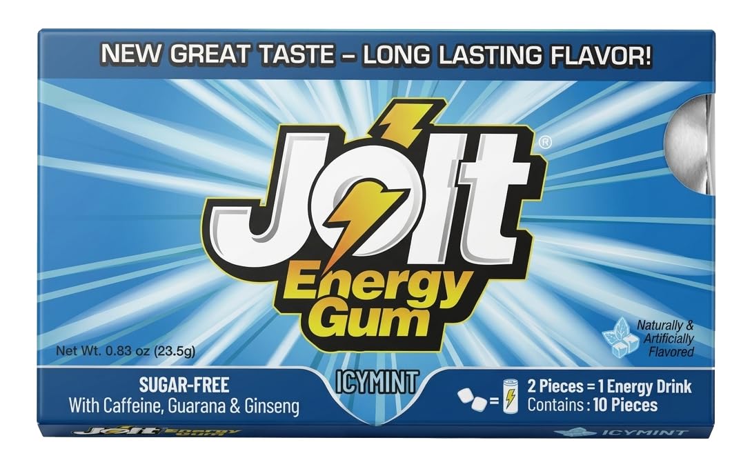 Jolt Icy Mint energy gum back-pack view, compact energy boost anywhere.