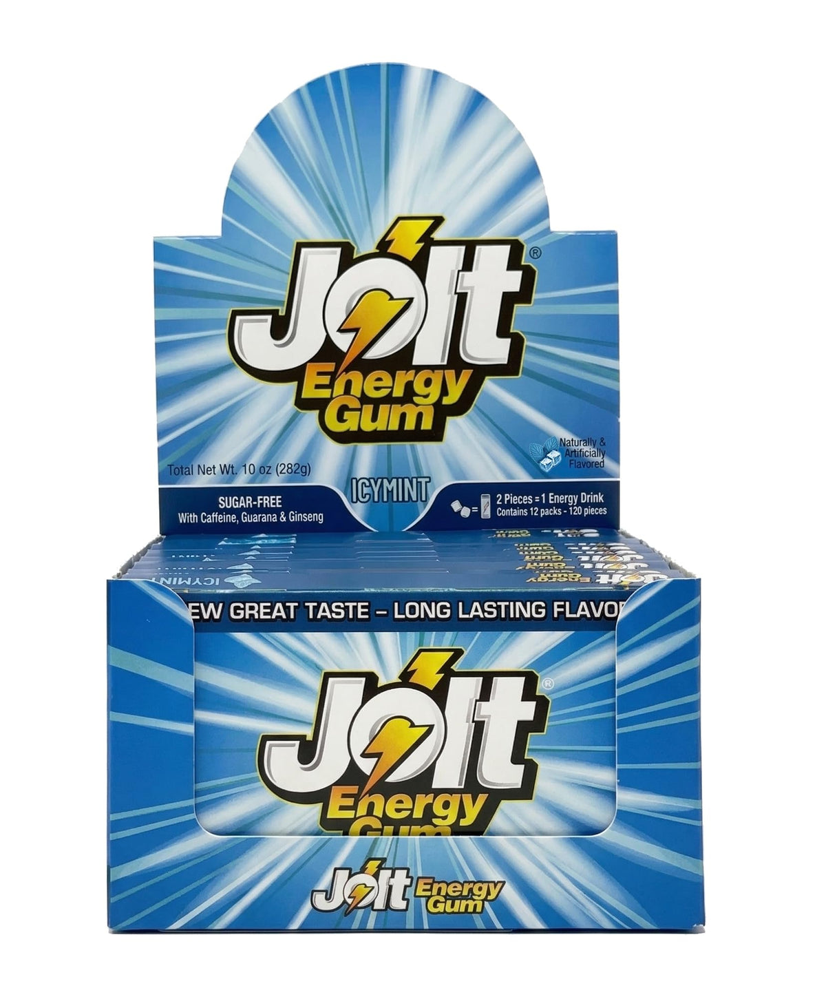 Jolt Icy Mint energy gum front-pack view, portable energy and fresh breath on the go.