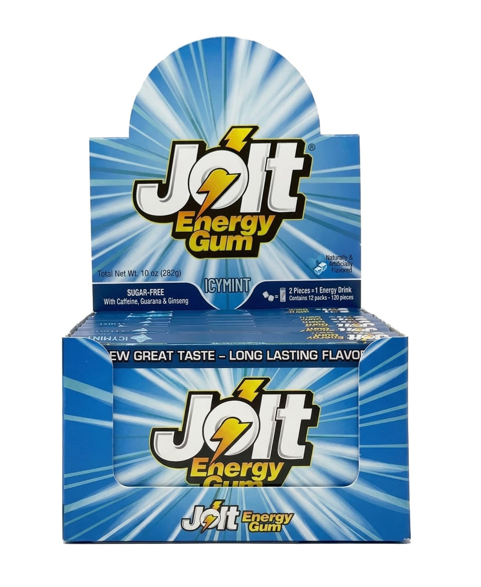 Jolt Icy Mint energy gum front-pack view, portable energy and fresh breath on the go.