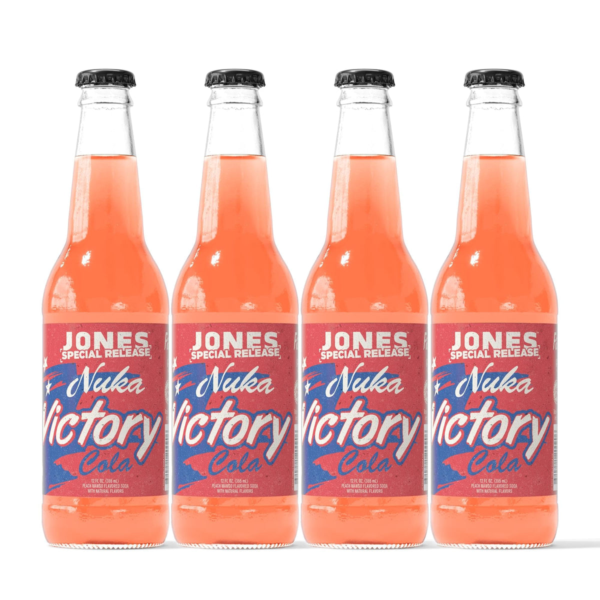 Jones Soda Co. Nuka Victory bottle showing peach-mango flavor and premium glass packaging.
