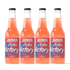 Jones Soda Co. Nuka Victory bottle showing peach-mango flavor and premium glass packaging.