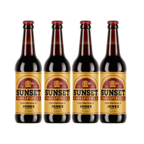 Jones Soda Fallout Sunset Sarsaparilla bottle on table, refreshing game-night flavor.