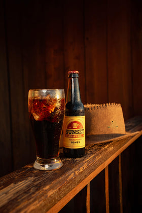 Jones Soda Fallout Sunset Sarsaparilla bottle showcasing bold flavor profile.