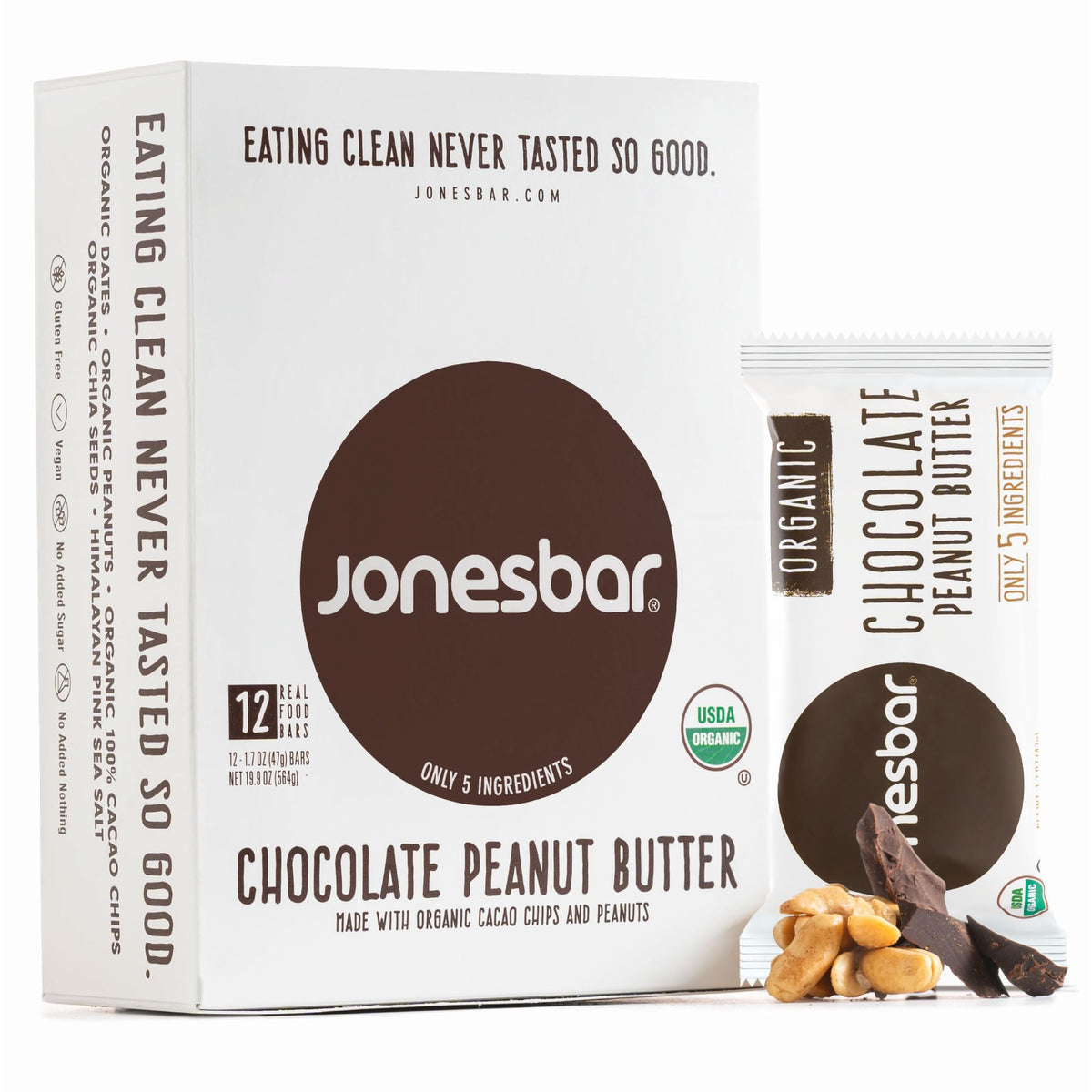 Jonesbar Chocolate Peanut Butter bar front shows clean, organic ingredients for a wholesome snack.