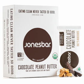 Jonesbar Chocolate Peanut Butter bar front shows clean, organic ingredients for a wholesome snack.