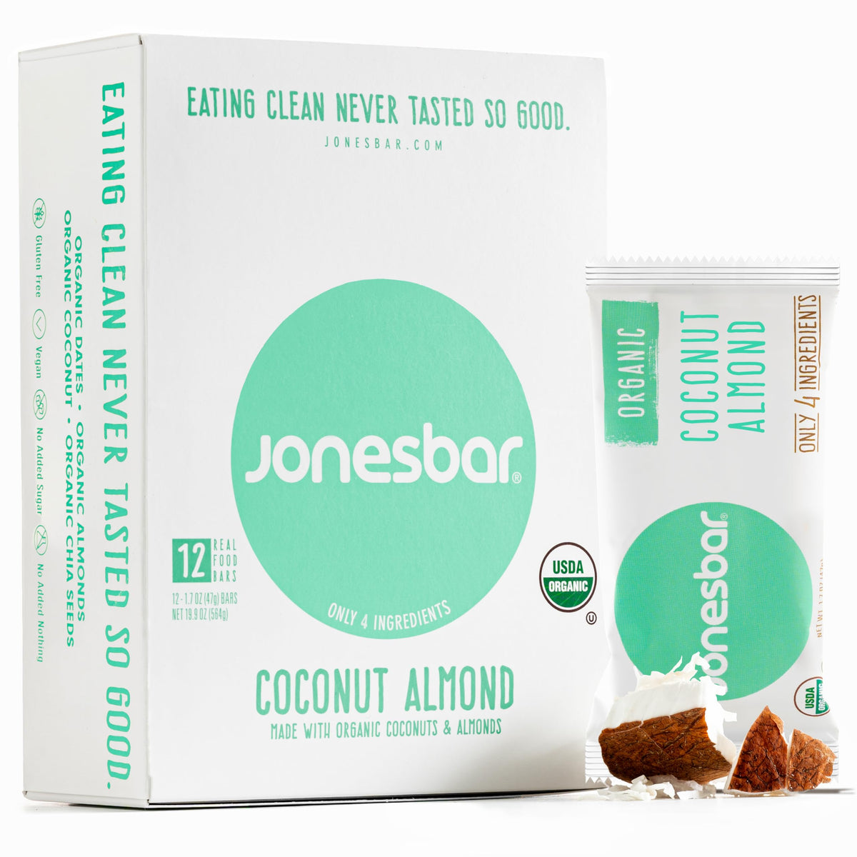 Jonesbar Coconut Almond bar pack front shows a wholesome on-the-go snack option.