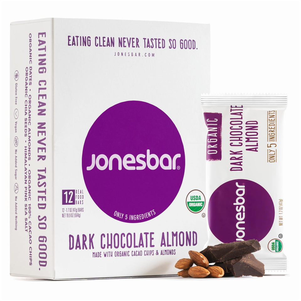 Jonesbar dark chocolate almond bar close-up showing rich flavor for on-the-go snacking.