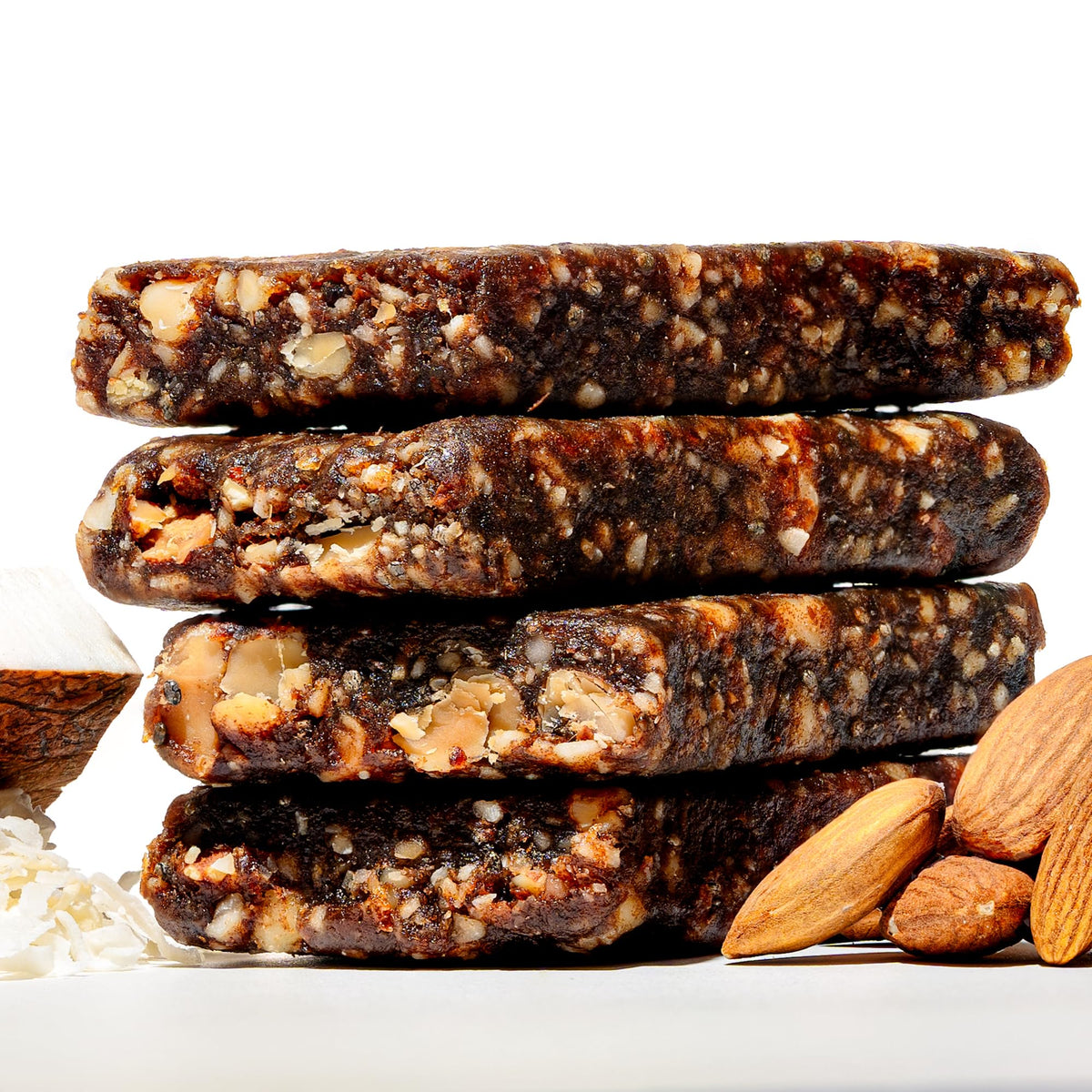 Jonesbar ingredients closeup highlights four real-food ingredients for clean snacking.