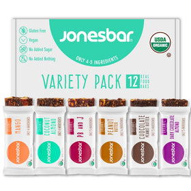 Jonesbar variety pack front view, convenient healthy snacks for families.