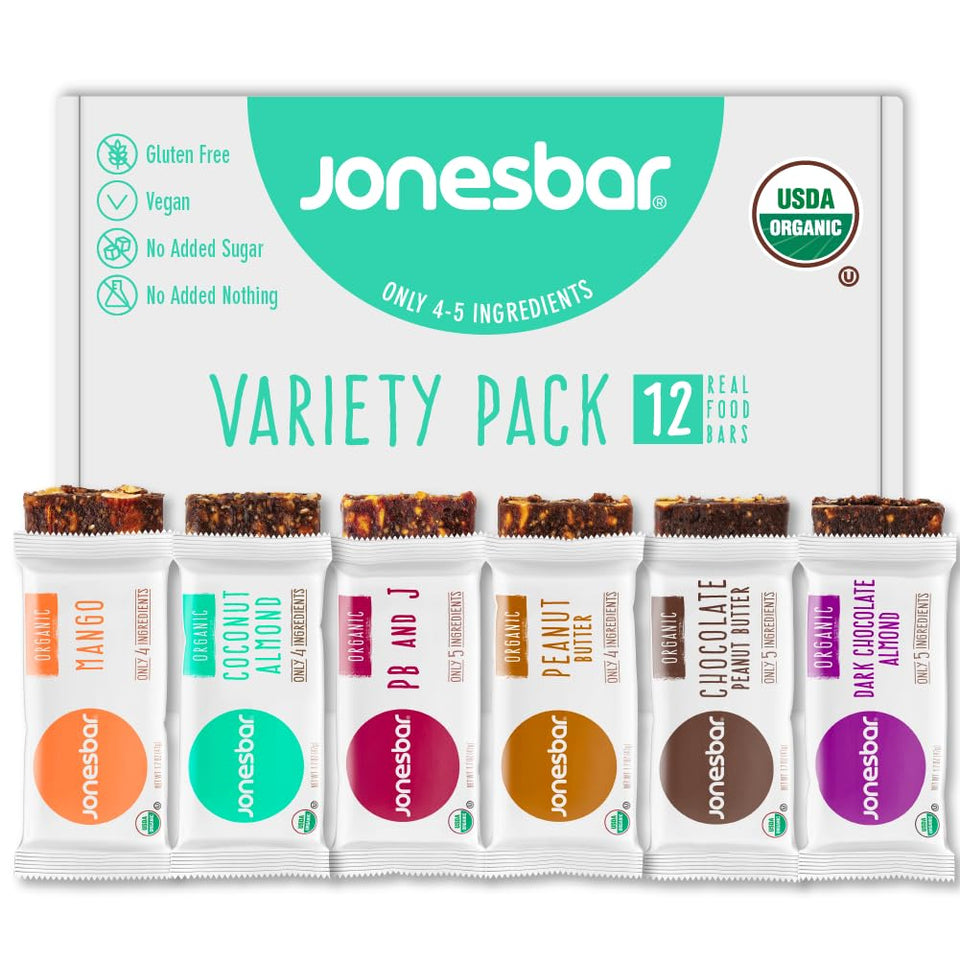 Jonesbar variety pack front view, convenient healthy snacks for families.