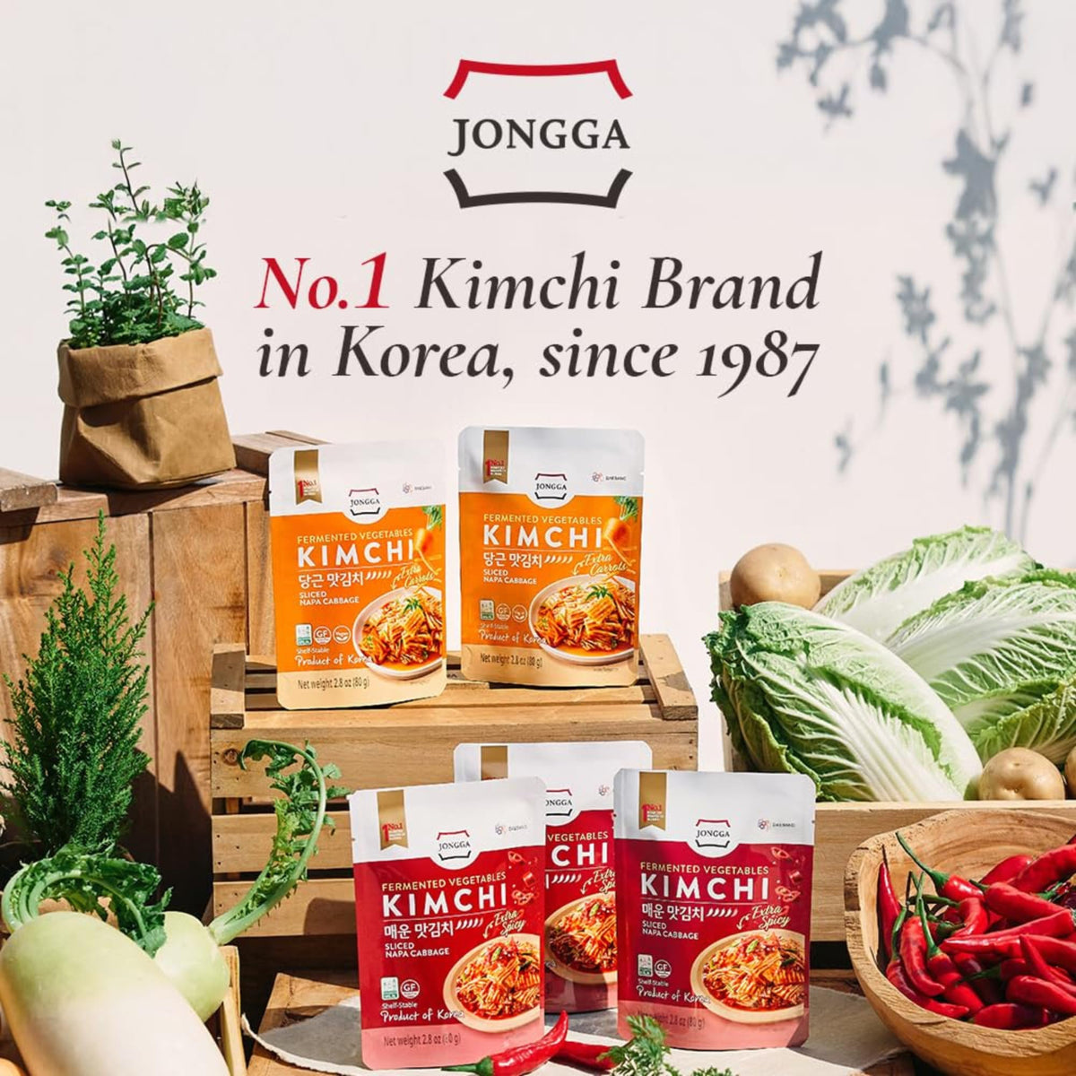 JONGGA gluten-free vegan kimchi packaging suitable for keto meals.