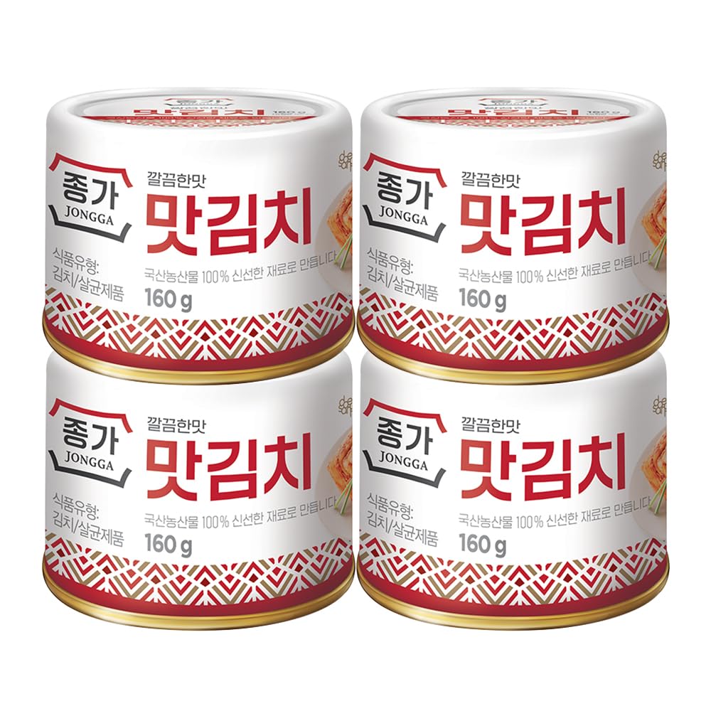 Jongga spicy kimchi napa 4pack can front, ready to flavor ramen and rice meals.