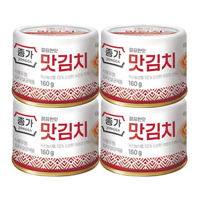 Jongga spicy kimchi napa 4pack can front, ready to flavor ramen and rice meals.