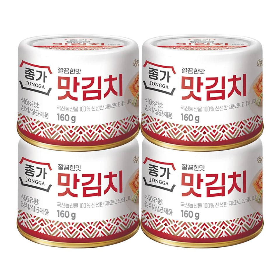 Jongga spicy kimchi napa 4pack can front, ready to flavor ramen and rice meals.