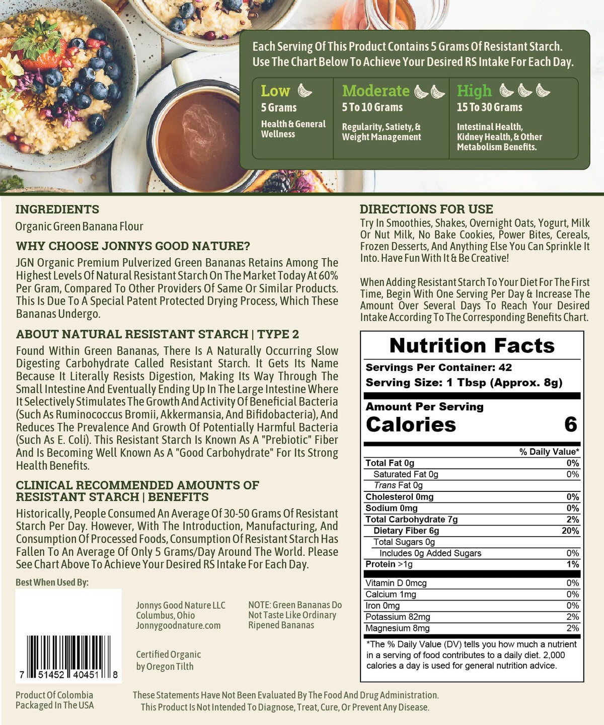 A ready-to-use 42-serving pack of Jonnys Good Nature green banana flour.