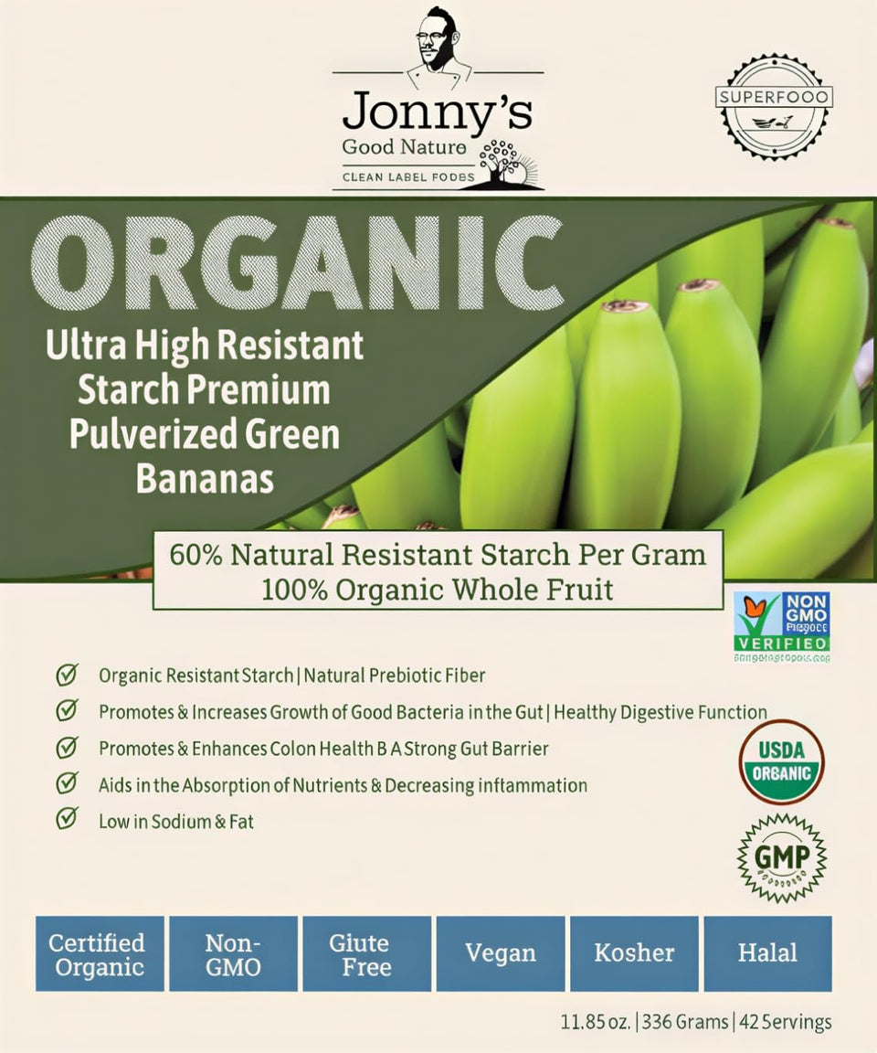Jonnys Good Nature green banana flour 84 servings pack shot; organic packaging ideal for versatile baking.