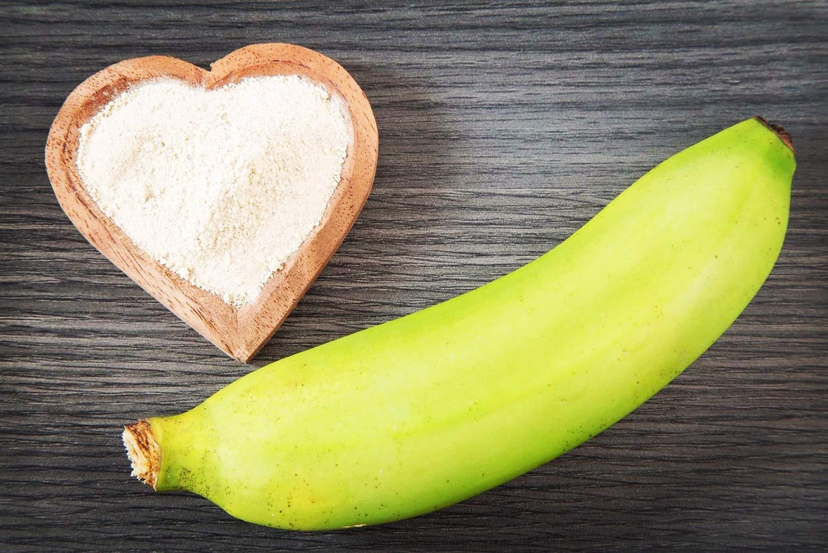 Jonnys Good Nature green banana flour scoop highlighting natural fiber for recipes.