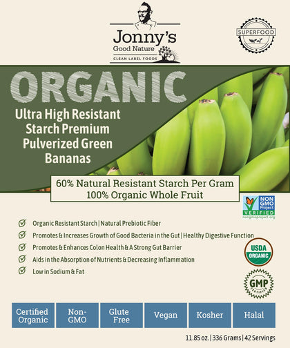 Jonnys Good Nature Organic Green Banana Flour packaging showing 42 servings and organic badge.