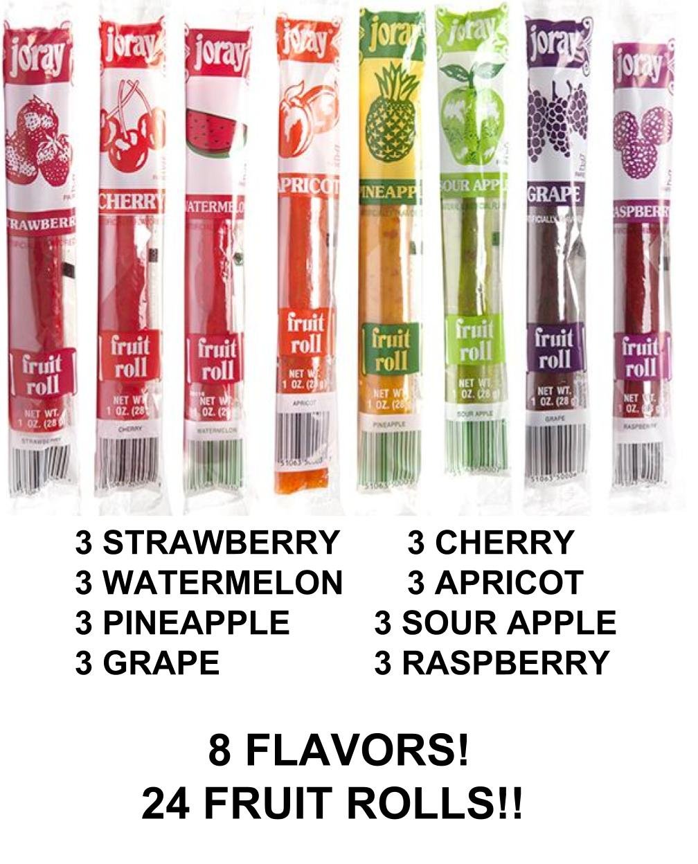 JORAY fruit roll assorted flavors closeup reveals eight options.