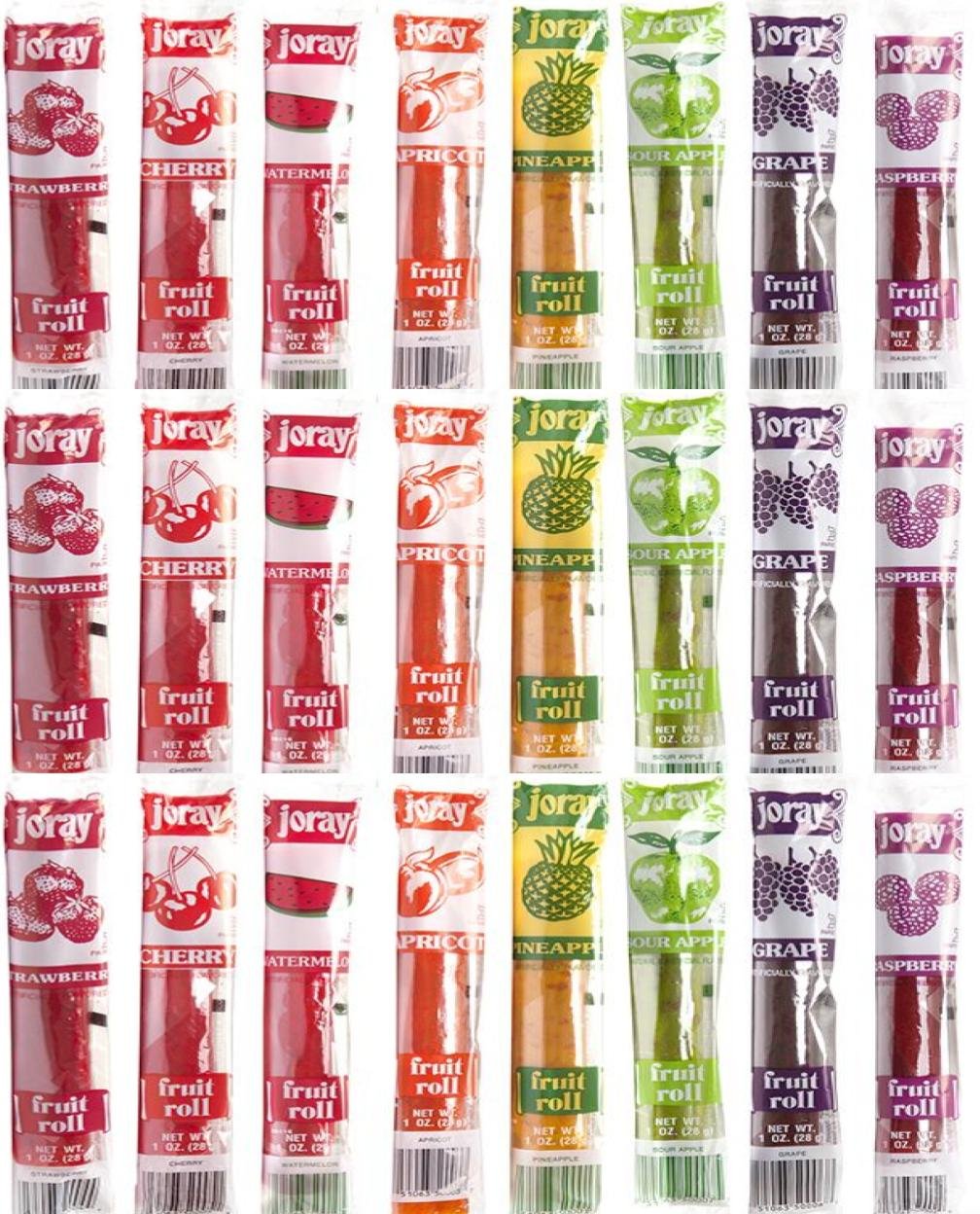 JORAY fruit roll fat-free and fiber content highlighted on nutrition facts.