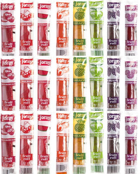 JORAY fruit roll fat-free and fiber content highlighted on nutrition facts.