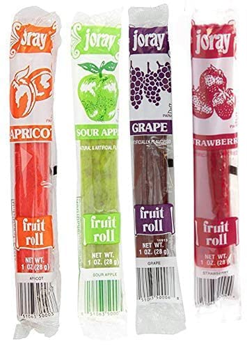 JORAY fruit roll variety pack with apricot, strawberry, sour apple and grape flavors for convenient on-the-go snacking.