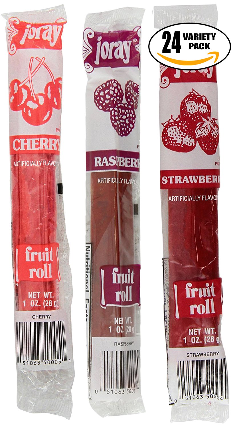 Joray fruit roll variety pack featuring cherry, strawberry, and raspberry flavors for on-the-go snacking