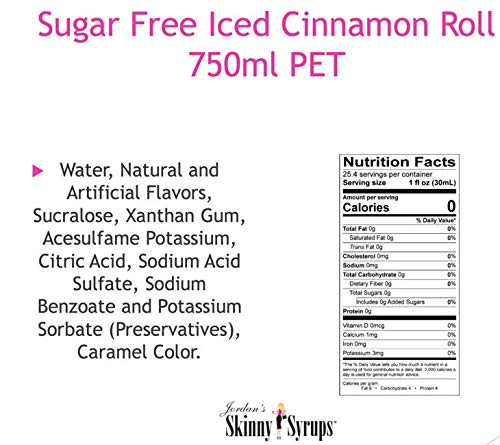 Jordan's Skinny Syrups pour close-up, iced cinnamon roll flavor for beverages