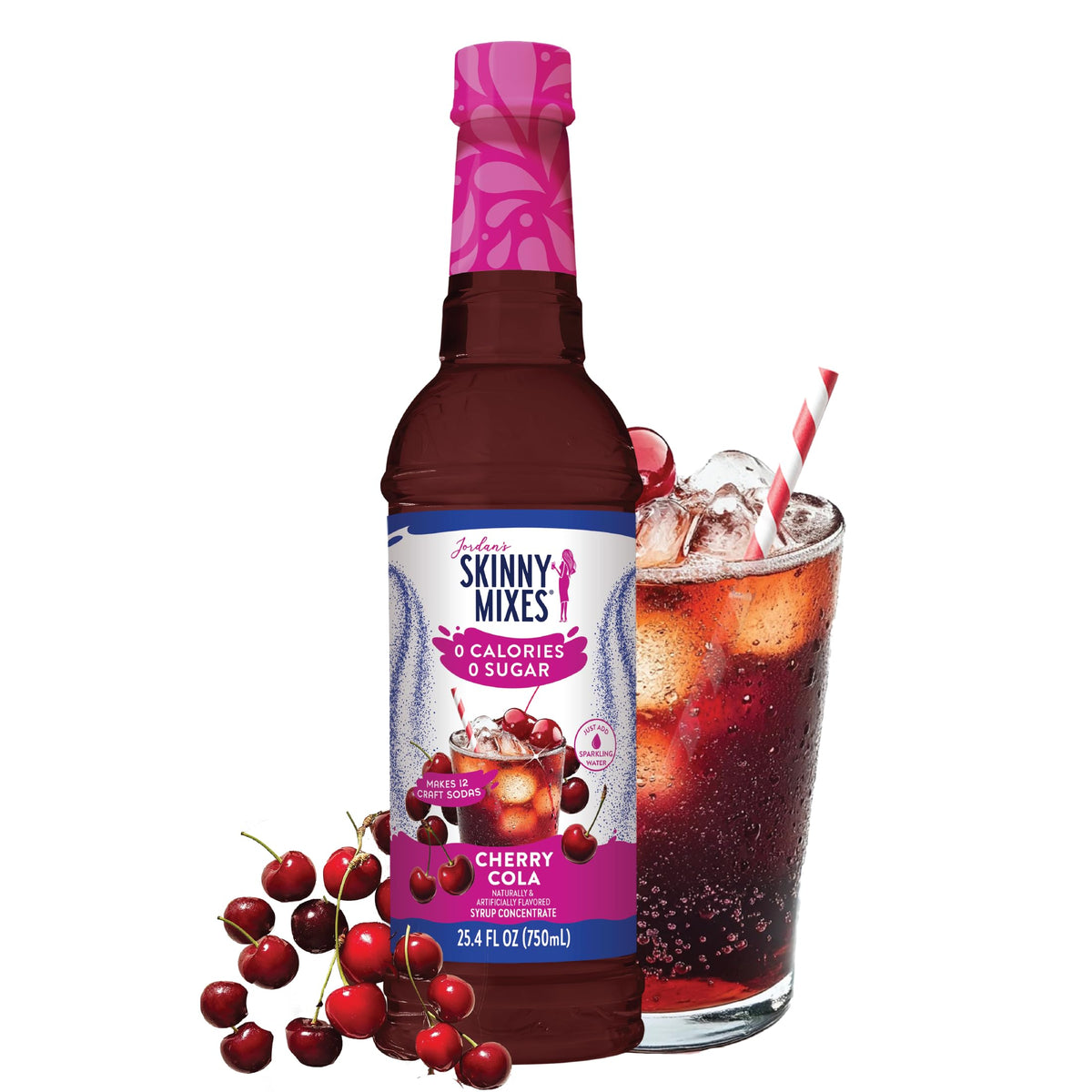 Jordan's Skinny Mixes Cherry Cola Syrup bottle showing bold zero-sugar flavor for drinks