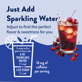 Closeup of Jordan's Skinny Mixes Cherry Cola Syrup label with nutritional highlights