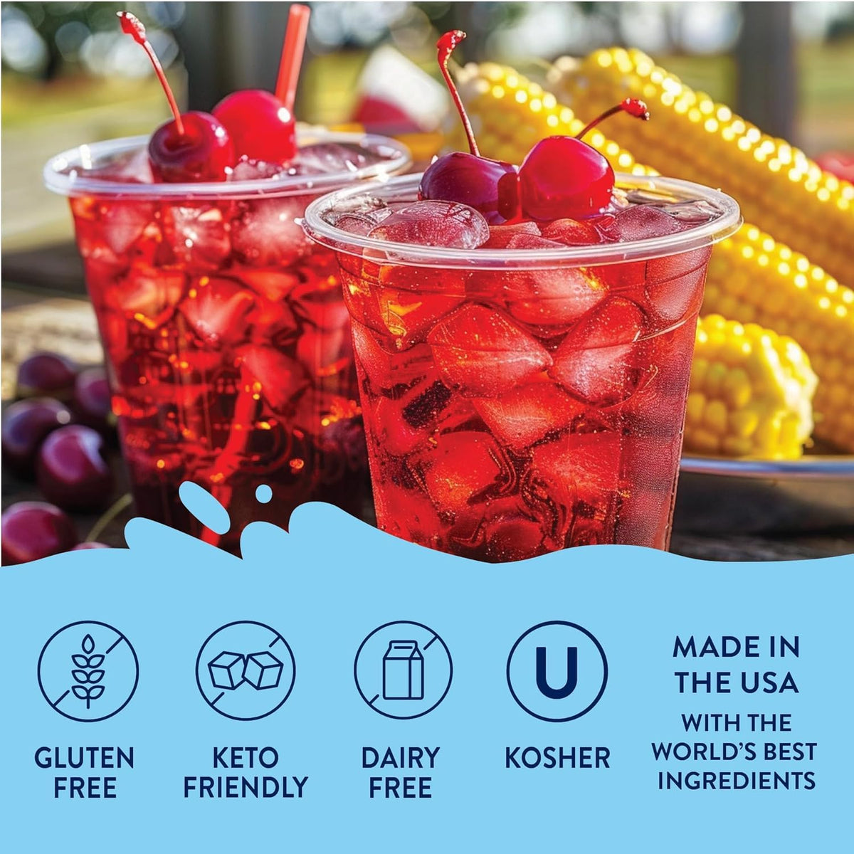 Jordan's Skinny Mixes Cherry Syrup bottle beside a bright mocktail.