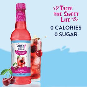 Jordan's Skinny Mixes Cherry syrup poured into a glass for a sugar-free drink.