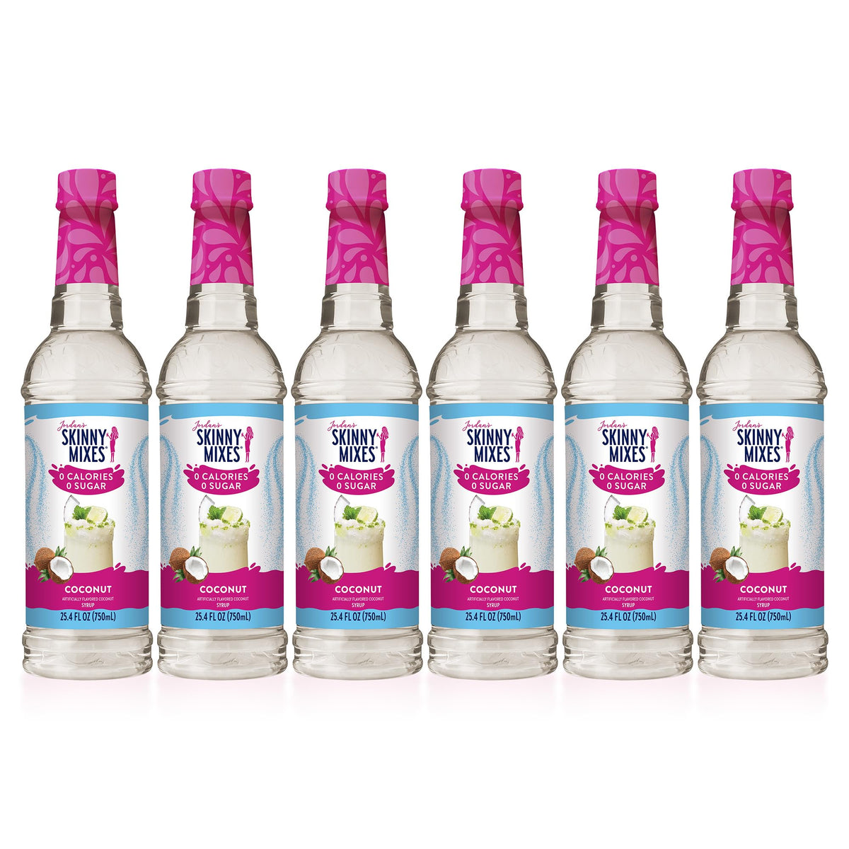 Jordan's Skinny Mixes coconut syrup bottle pour for zero-calorie tropical drinks.