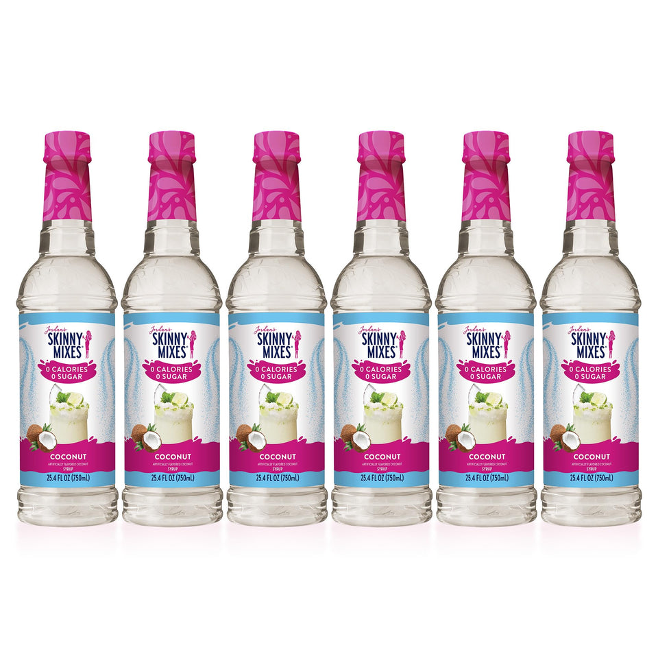 Jordan's Skinny Mixes coconut syrup bottle pour for zero-calorie tropical drinks.